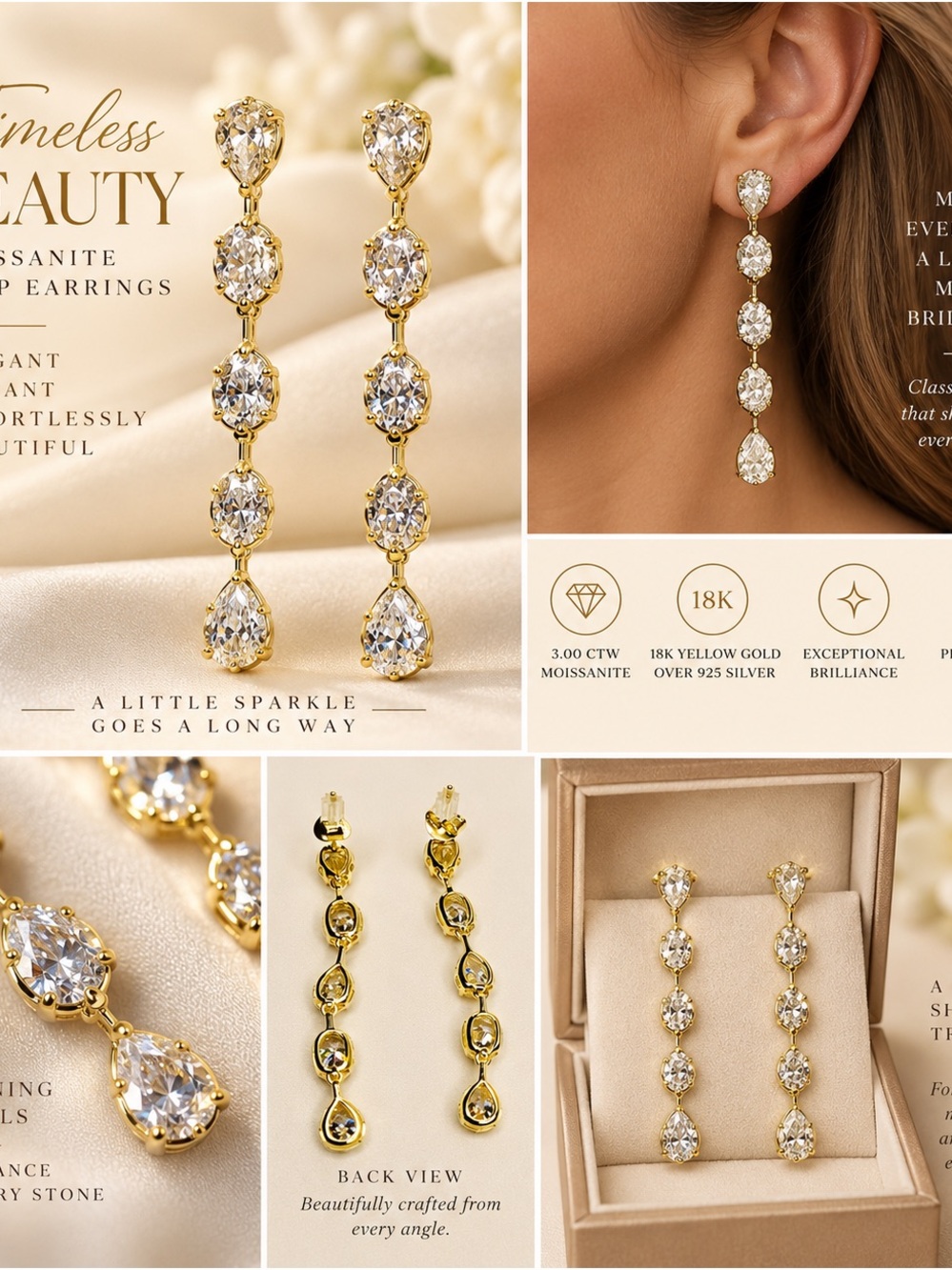 Moissanite Timeless Beauty 18K Gold Drop Earrings 3 c.t.w